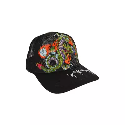 Ed Hardy Embroidered Dragon Snapback Hat-Black - black