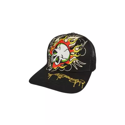 Ed Hardy Embroidered Fire Skull Snapback Hat-Black - black