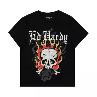 Ed Hardy Men's Rhinestome Flame Skull Tee - black